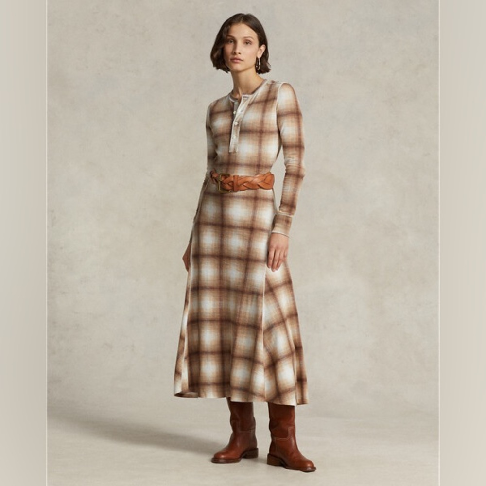 Polo by Ralph Lauren Cream and Brown Plaid Long-Sleeve Midi Dress